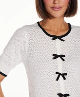 Belldini Women's Bow Detail Pointelle Short Sleeve Sweater