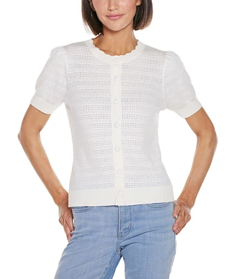 Belldini Women's Pointelle Scalloped Placket Cardigan Sweater