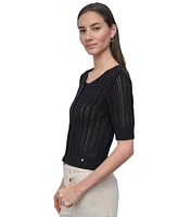 Dkny Jeans Women's Crewneck Short-Sleeve Cardigan Cable Pointelle Sweater - BLK