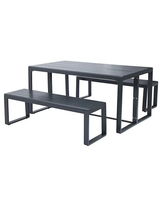 Aoodor 3-Piece Outdoor Patio Dining Set, Aluminum Furniture Set with 1 Rectangular Picnic Table and 2 Benches for Garden, Lawn, Yard