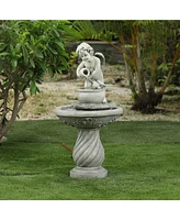 LuxenHome Gray Resin Cherub Birdbath Outdoor Patio Fountain