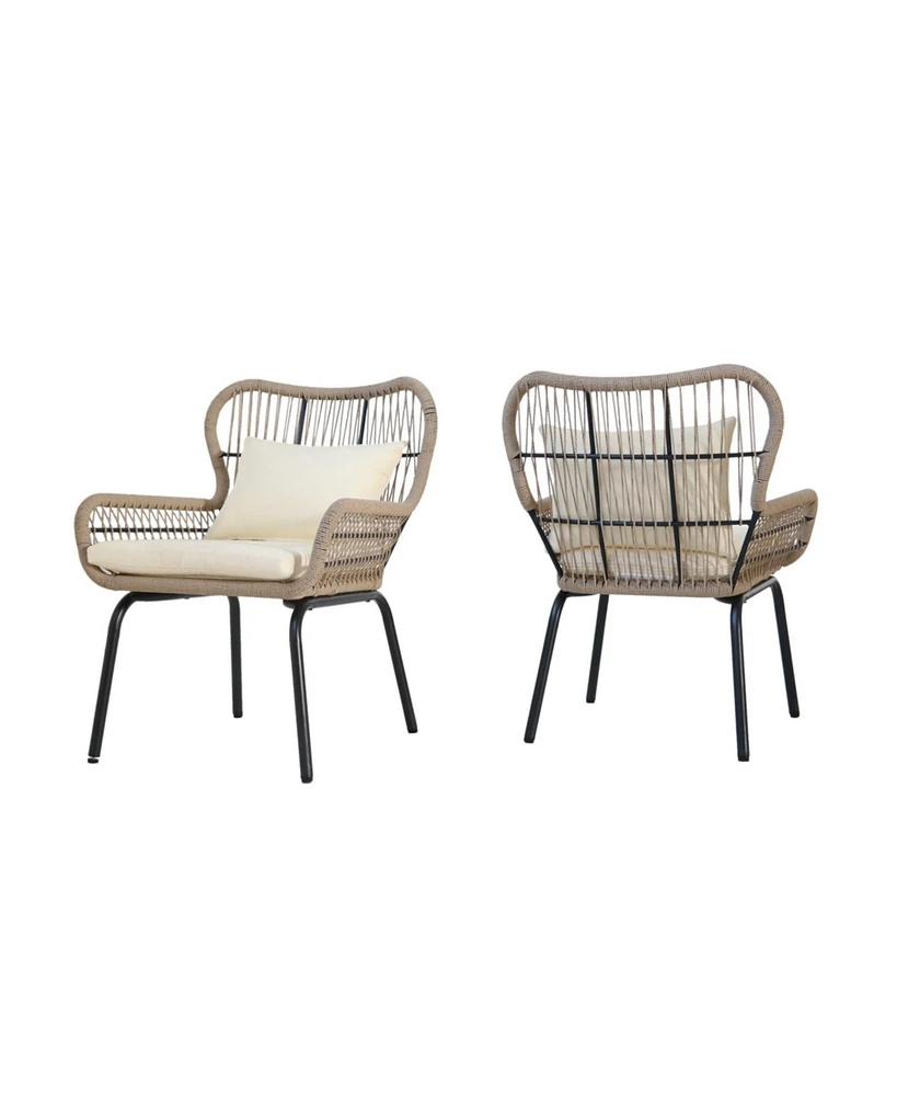 2-piece braided rope outdoor club lounge chair for patio lawn backyard with cushions beige