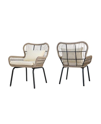 2-piece braided rope outdoor club lounge chair for patio lawn backyard with cushions beige