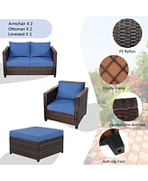 Gymax 5PCS Outdoor Patio Rattan Conversation Sofa Furniture Set w/ Navy Cushions