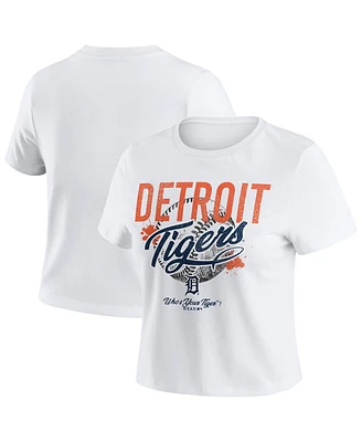 Wear by Erin Andrews Women's White Detroit Tigers Distressed Cropped Baby T-Shirt