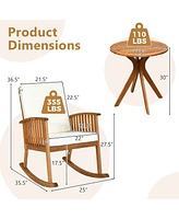 Gymax 3PCS Patio Rocking Chair Set Round Table Solid Wood Cushioned Sofa Garden Deck
