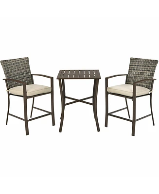 Gymax 3PCS Patio Bar Set Outdoor Conversation Furniture Set w/ Cushions