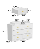 Changing table with six drawers, baby changing station with changing table top and drawers, white wood