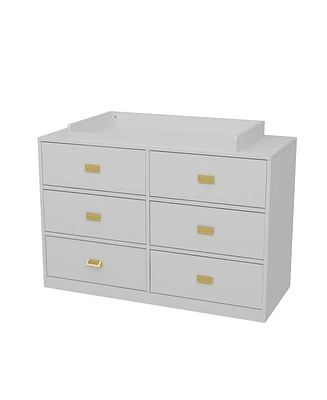 Changing table with six drawers, baby changing station with changing table top and drawers, white wood