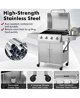 50000BTU 5-Burner Propane Gas Grill with Side Burner and 2 Prep Tables-Silver