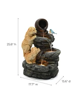 LuxenHome Puppy Rock Tower Farmhouse Resin Outdoor Fountain with Lights