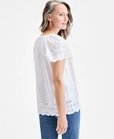 Style & Co Petite Eyelet Embroidered Cotton Flutter-Sleeve Top, Exclusively at Macy's