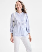 Style & Co Women's Cotton Stripe Lace-Bib 3/4-Sleeve Top, Exclusively at Macy's