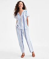 Style & Co Women's Cotton Stripe Split-Neck Flutter-Sleeve Top, Exclusively at Macy's