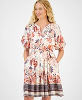julia jordan Women's Printed Puff-Sleeve Tie-Waist Dress