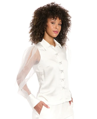 Muse Women's Bow-Button Sheer Bishop-Sleeve Blouse