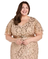 R & M Richards Plus Sequin Embellished Flutter-Sleeve Gown