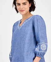 Charter Club Women's Embroidered 100% Linen Top, Exclusively at Macy's