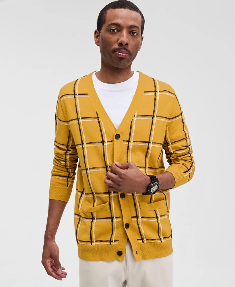 Club Room Men's Cotton Windowpane-Plaid Cardigan Sweater, Exclusively at Macy's