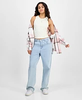 Just Polly Juniors' Girlfriend Frayed-Hem Plaid Shirt