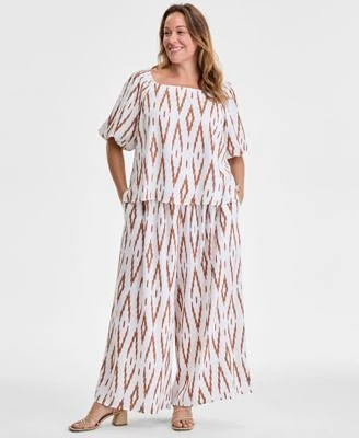 Vince Camuto June Hero Look Plus Size Printed Square Neck Short Sleeve Blouse Printed Wide Leg Gathered Pants
