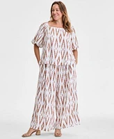 Vince Camuto June Hero Look Plus Size Printed Square Neck Short Sleeve Blouse Printed Wide Leg Gathered Pants