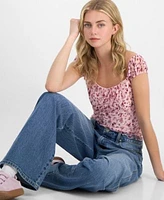 Madden Girl Juniors Printed Lace Cap Sleeve Top Celebrity Pink Baggy Wide Leg Curvy Jeans