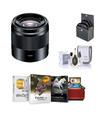 Sony E 50mm f/1.8 Oss Lens for Sony E, Black, Bundle with 49mm Filter Kit, Cleaning Kit, Mac Software Kit