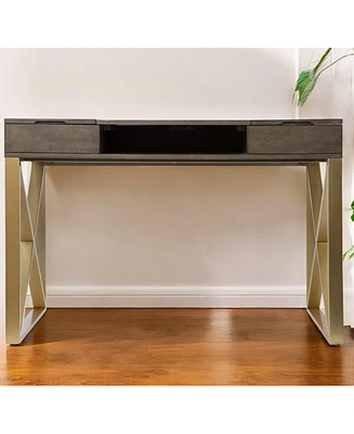 45" Grey and Gold Writing Desk With Two Drawers