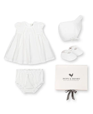 Hope & Henry Baby 3 Piece Special Occasion Linen Pintuck Dress, Diaper Cover, Bonnet Boxed Gift Set, Infant