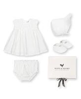 Hope & Henry Baby 3 Piece Special Occasion Linen Pintuck Dress, Diaper Cover, Bonnet Boxed Gift Set, Infant