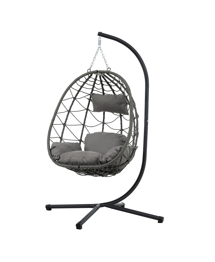 Indoor/ Outdoor Swing Chair Patio Wicker Hanging Egg Chair Hanging Basket Chair with Stand
