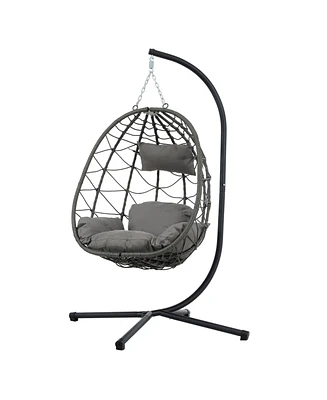 Indoor/ Outdoor Swing Chair Patio Wicker Hanging Egg Chair Hanging Basket Chair with Stand