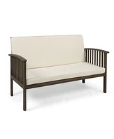 1-Piece Outdoor Acacia Wood Loveseat with Cream Cushions