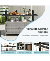 Outdoor Bar Cart Wicker Buffet Serving Cart with Cabinet and 8 Hooks