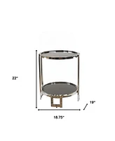 Contemporary Round Mirrored End Table with Glass Top and Shelf