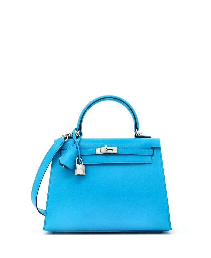 Pre-Owned Hermes Kelly 25 Handbag Blue Chevre Chamkila with Palladium Hardware