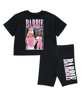 Barbie Girls Cropped Boxy T-Shirt and Bike Shorts Outfit Set