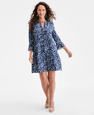Style & Co Women's Printed Cotton Gauze 3/4-Sleeve Tiered Dress, Exclusively at Macy's