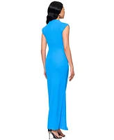 Betsy & Adam Women's Mock Neck Cap Sleeve Ruched Gown