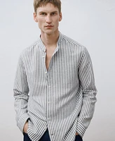 Mango Men's Striped Mandarin-Collar Linen Shirt