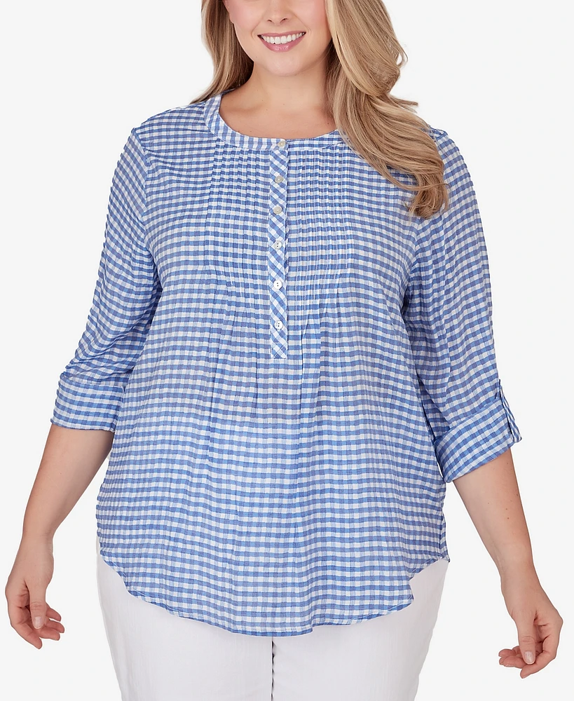 Ruby Rd. Plus Gingham Silky Henley Crew Neck Top