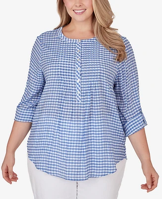 Ruby Rd. Plus Gingham Silky Henley Crew Neck Top