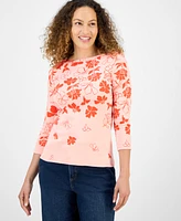 Style & Co Petite Floral Spark Printed Pima Cotton 3/4-Sleeve Top, Exclusively at Macy's