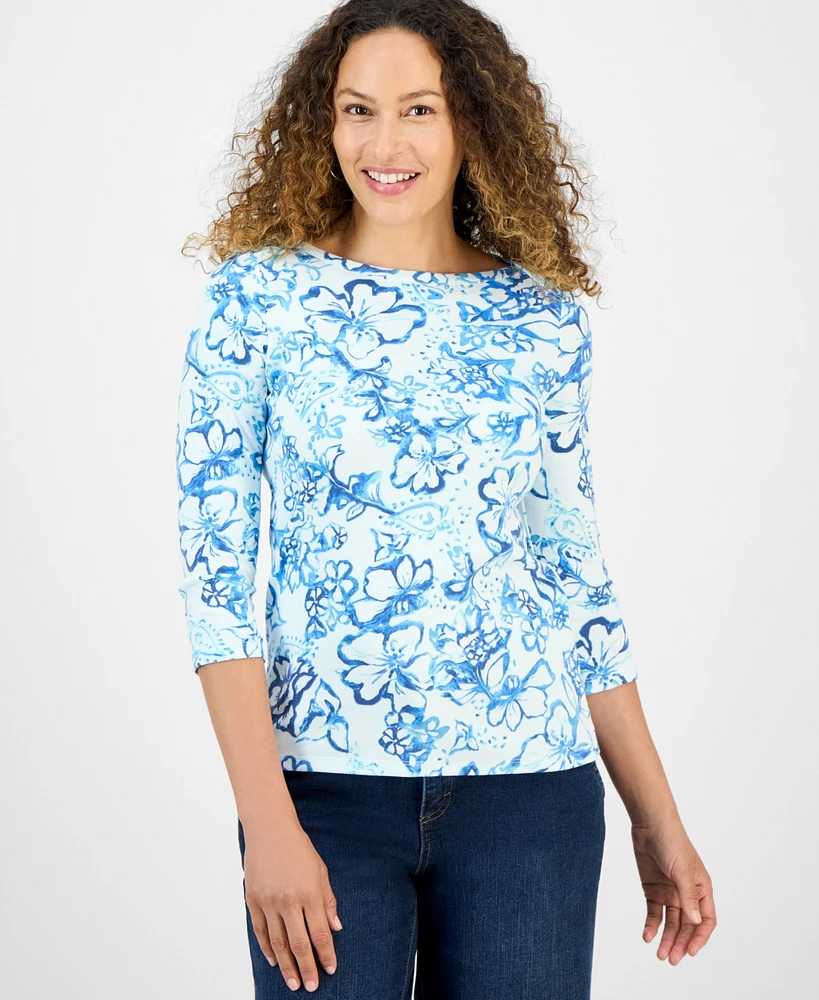 Style & Co Petite Floral Print Pima Cotton 3/4-Sleeve Top, Exclusively at Macy's