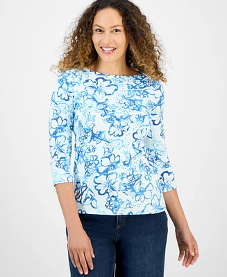 Style & Co Petite Floral Print Pima Cotton 3/4-Sleeve Top, Exclusively at Macy's