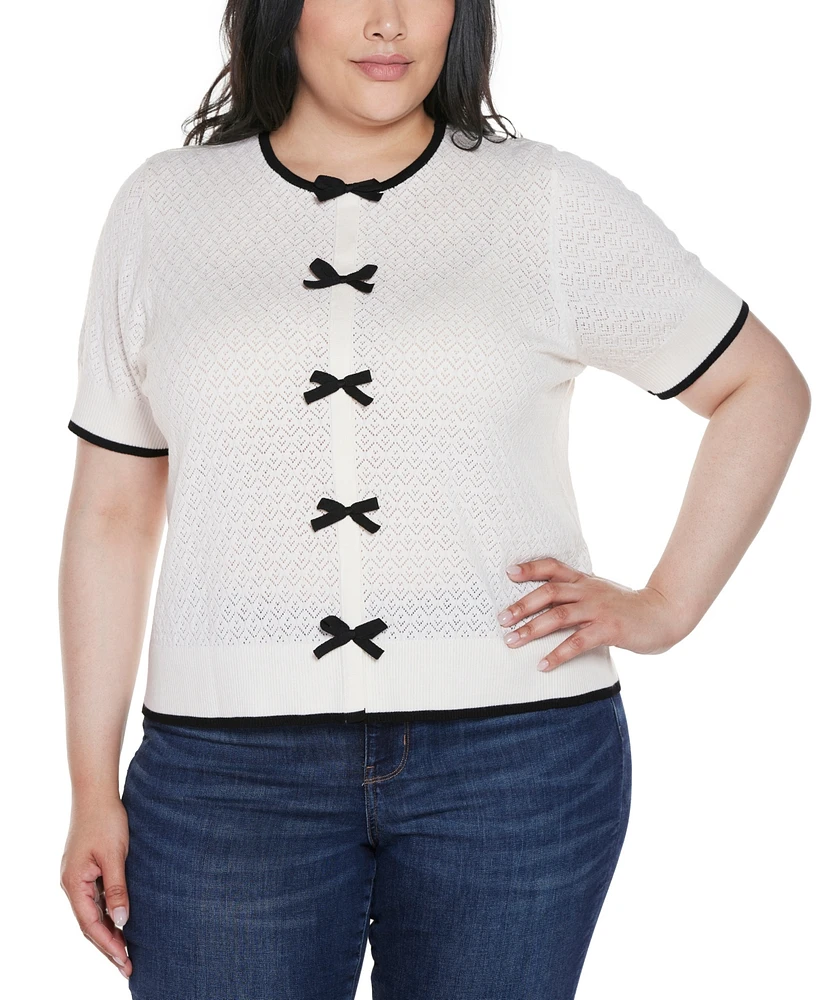 Belldini Plus Bow Detail Pointelle Short Sleeve Sweater