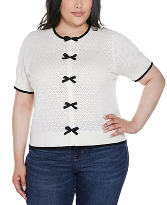 Belldini Plus Bow Detail Pointelle Short Sleeve Sweater