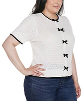 Belldini Plus Bow Detail Pointelle Short Sleeve Sweater