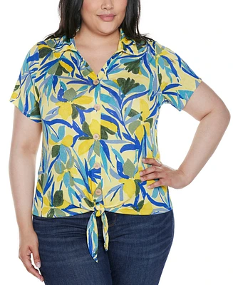Belldini Plus Tropical Tie-Front Knit Top